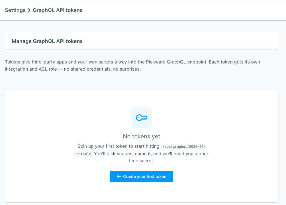 Empty state of the GraphQL API tokens page in the Pickware ERP admin