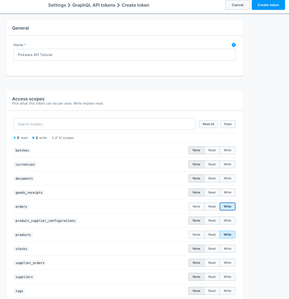 Create-token form showing the name field and the per-resource access-scope grid